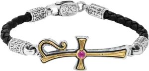 Dome Silver 18K Gold & Corundum Leather Bracelet BKJ701-538-BLK