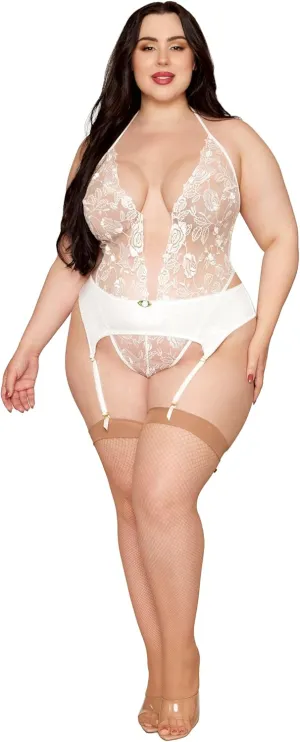 Dreamgirl Women's Plus White Teddy & Garter Belt