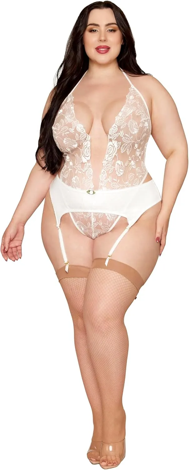Dreamgirl Women's Plus White Teddy & Garter Belt