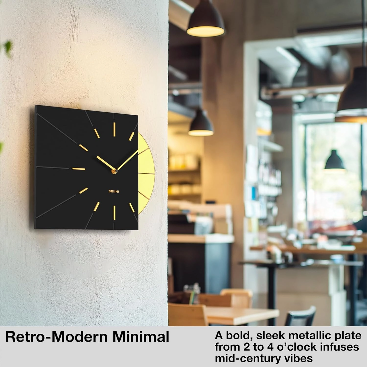Driini Clocks Mid Century Modern Wall Clock - Square Black Clock with Decorative Gold Accent- Unique and Cool Clock, Battery Operated - MCM Decor & Decorative Wall Clock for Mid Century Modern Decor.