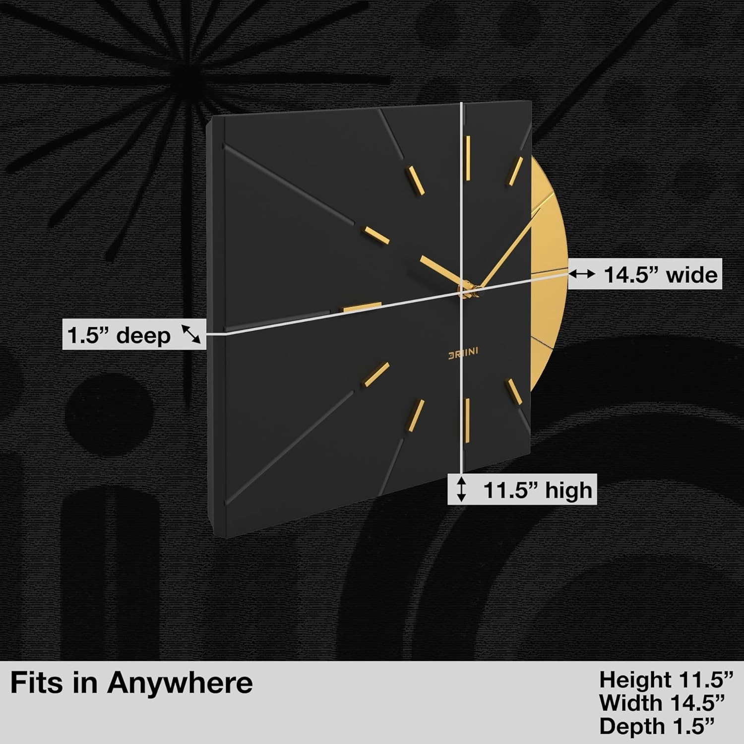 Driini Clocks Mid Century Modern Wall Clock - Square Black Clock with Decorative Gold Accent- Unique and Cool Clock, Battery Operated - MCM Decor & Decorative Wall Clock for Mid Century Modern Decor.