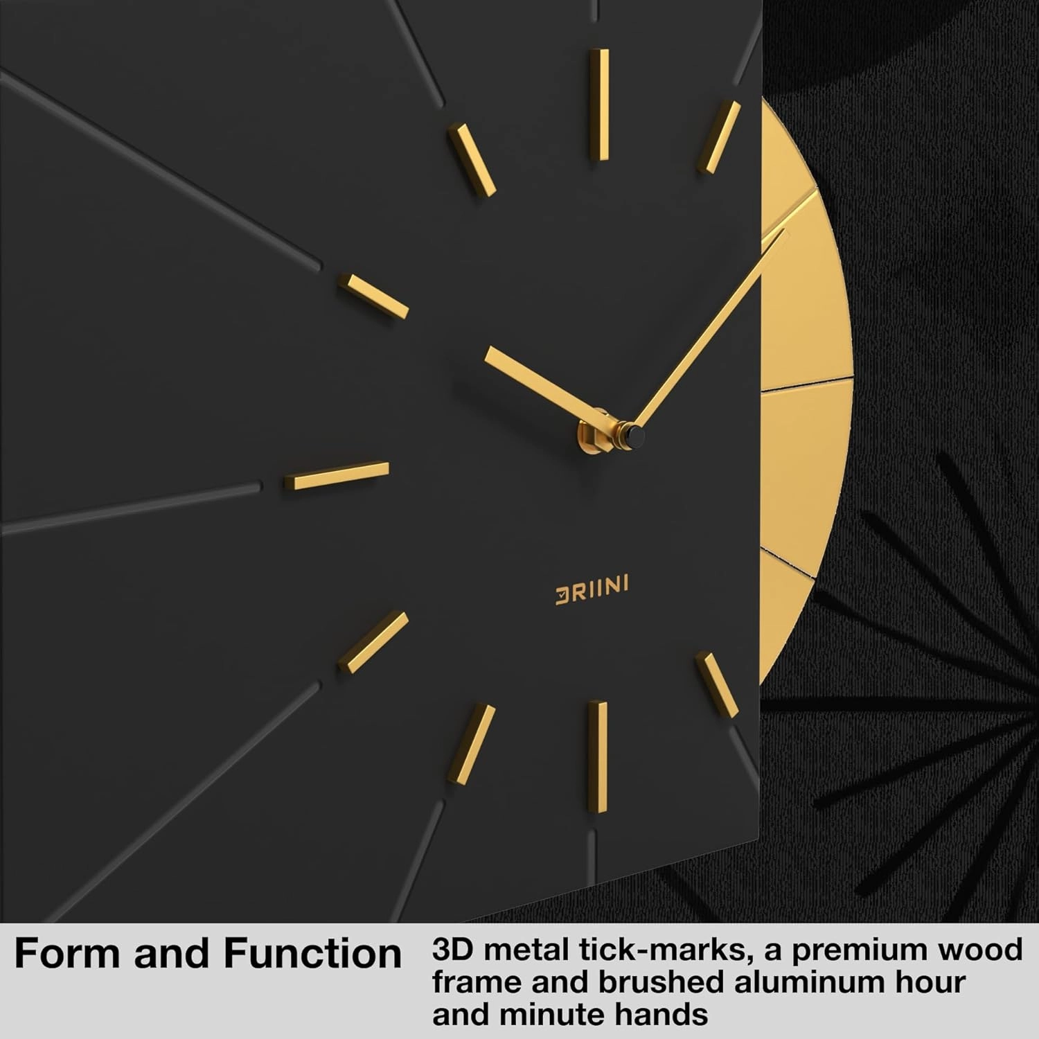 Driini Clocks Mid Century Modern Wall Clock - Square Black Clock with Decorative Gold Accent- Unique and Cool Clock, Battery Operated - MCM Decor & Decorative Wall Clock for Mid Century Modern Decor.