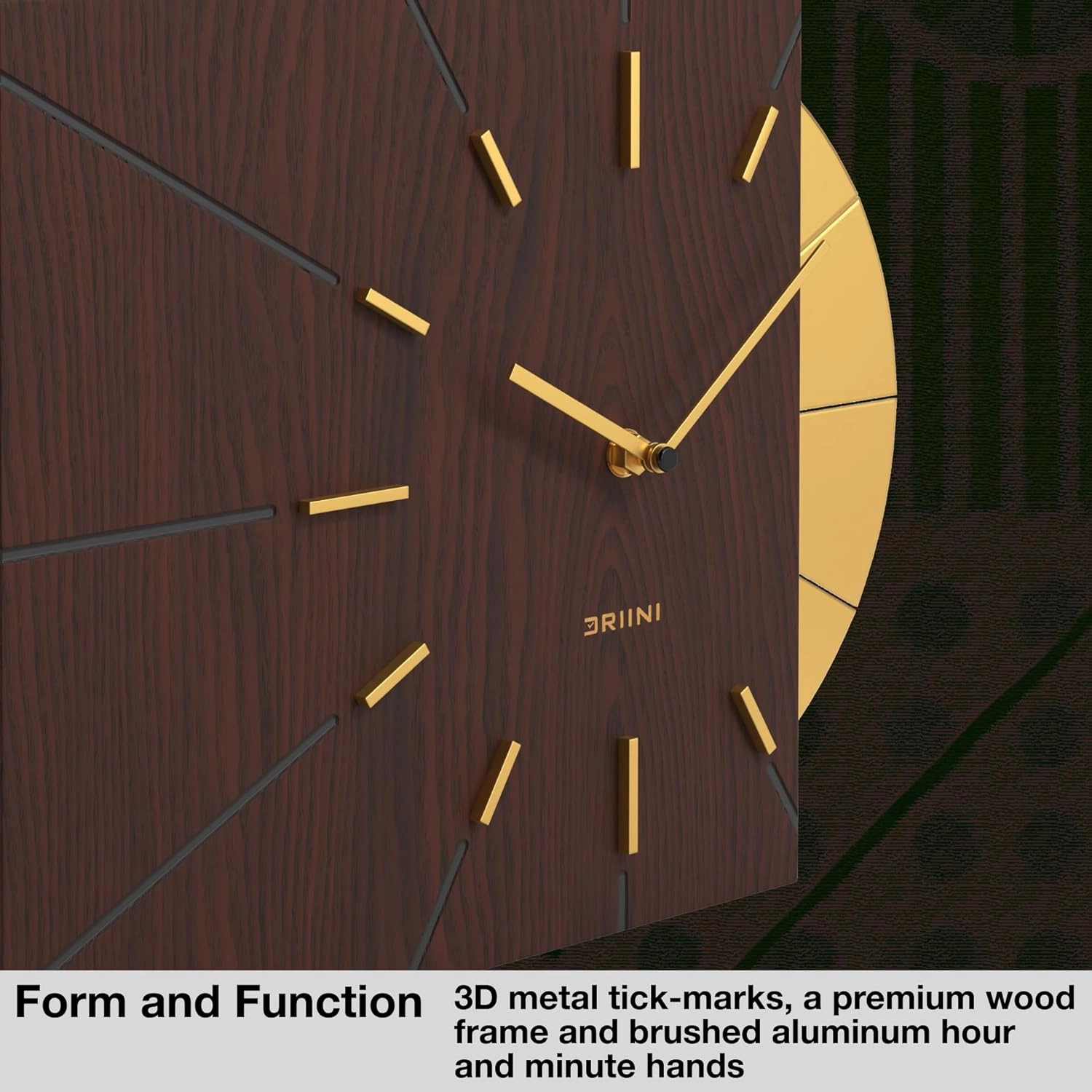 Driini Clocks Mid Century Modern Wall Clock - Square Wood Clock with Decorative Gold Accent- Unique and Cool Clock, Battery Operated - MCM Decor & Decorative Wall Clock for Mid Century Modern Decor.