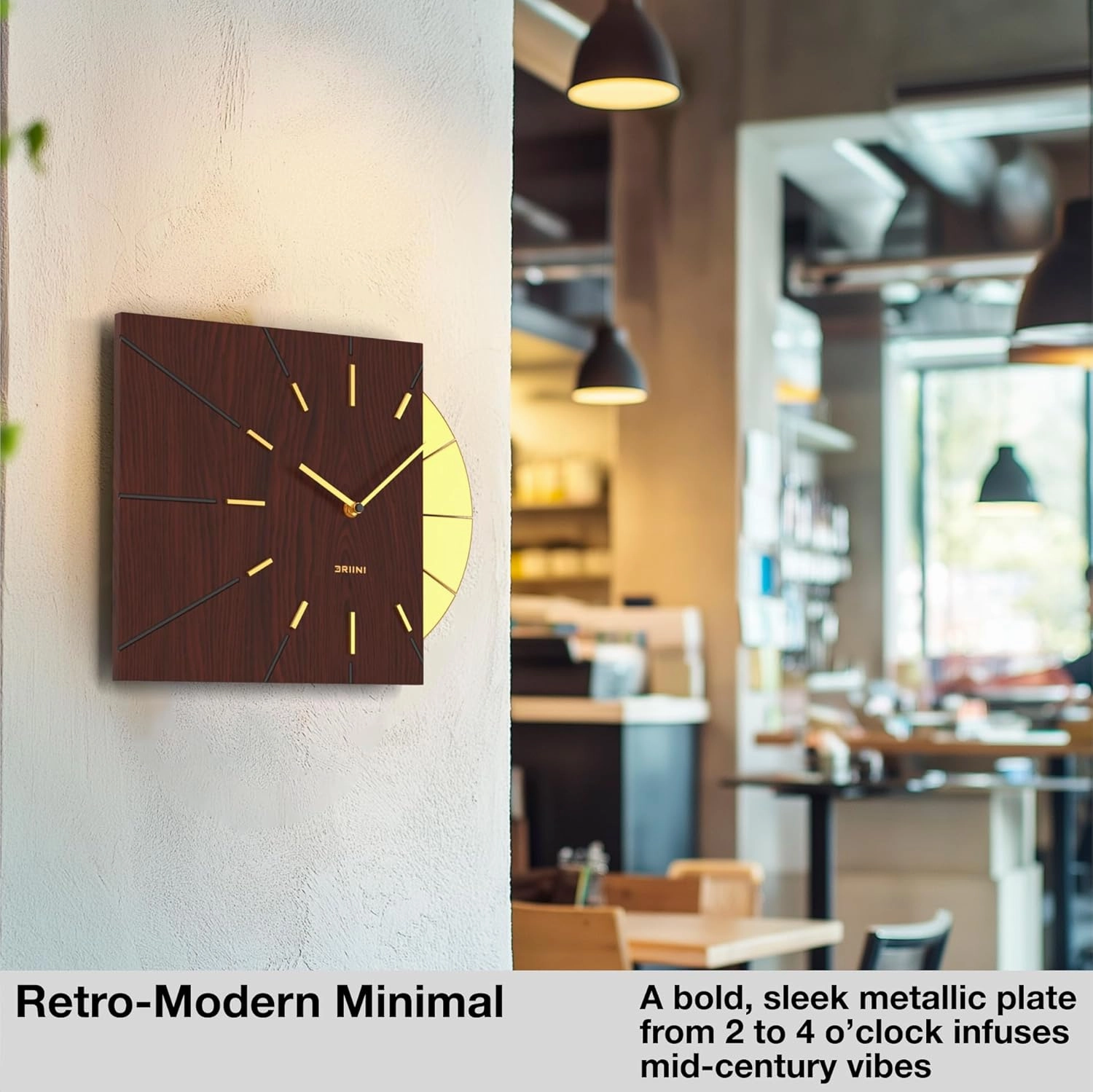 Driini Clocks Mid Century Modern Wall Clock - Square Wood Clock with Decorative Gold Accent- Unique and Cool Clock, Battery Operated - MCM Decor & Decorative Wall Clock for Mid Century Modern Decor.