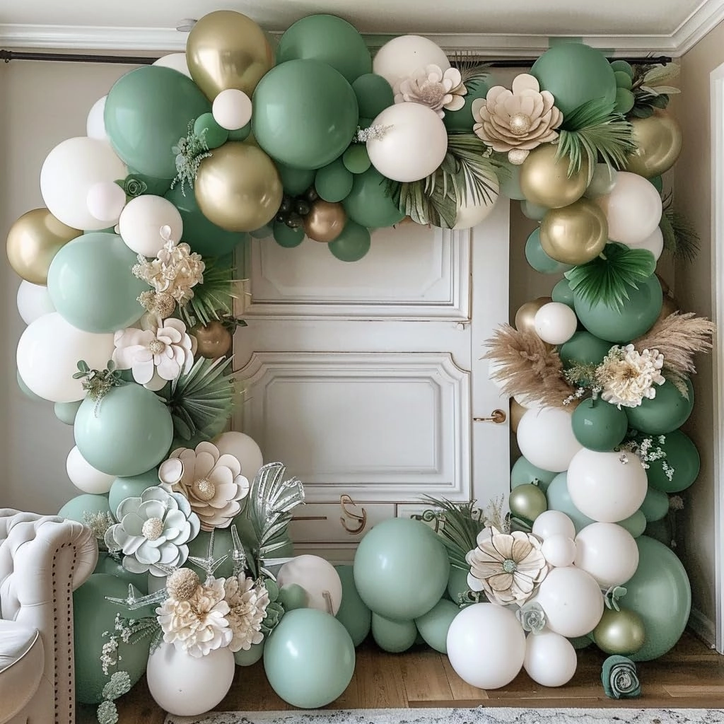 Dusty Green Gold Balloon Garland Double Stuffed White Light Green Gold Balloon Arch Different Sizes Balloons Kit For Baby Shower Birthday Wedding Anniversary Graduation Party Decorations