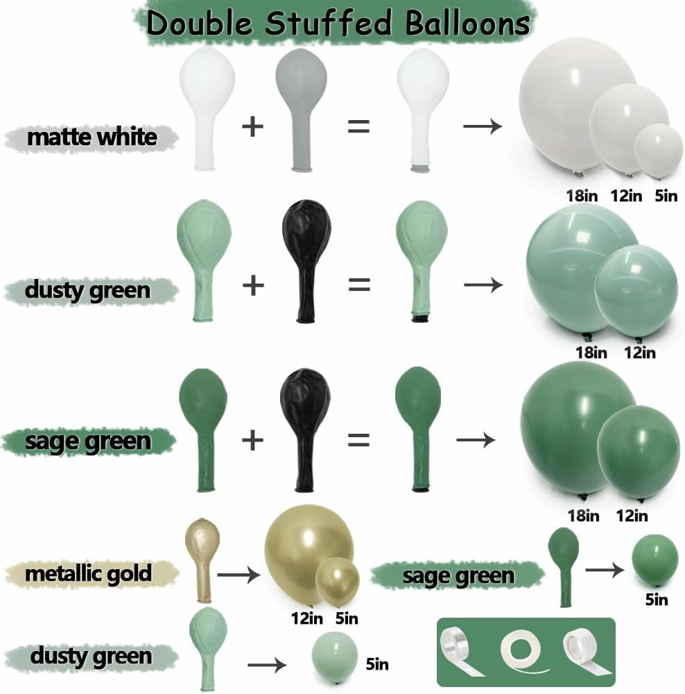 Dusty Green Gold Balloon Garland Double Stuffed White Light Green Gold Balloon Arch Different Sizes Balloons Kit For Baby Shower Birthday Wedding Anniversary Graduation Party Decorations