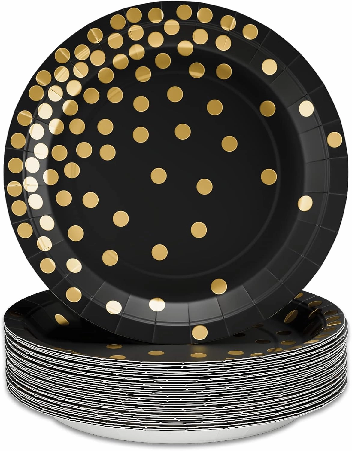 DYLIVeS Paper Plate, 80 Pack Black and Gold Polka Dots, 7 inch Disposable Plates, Round, Casual, All Seasons, for Parties and Celebrations