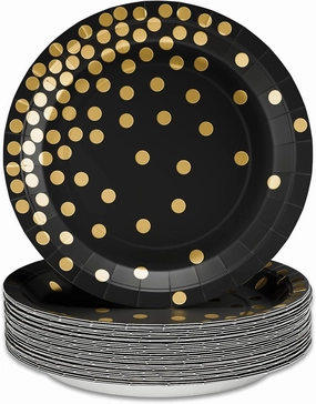 DYLIVeS Paper Plate, 80 Pack Black and Gold Polka Dots, 7 inch Disposable Plates, Round, Casual, All Seasons, for Parties and Celebrations
