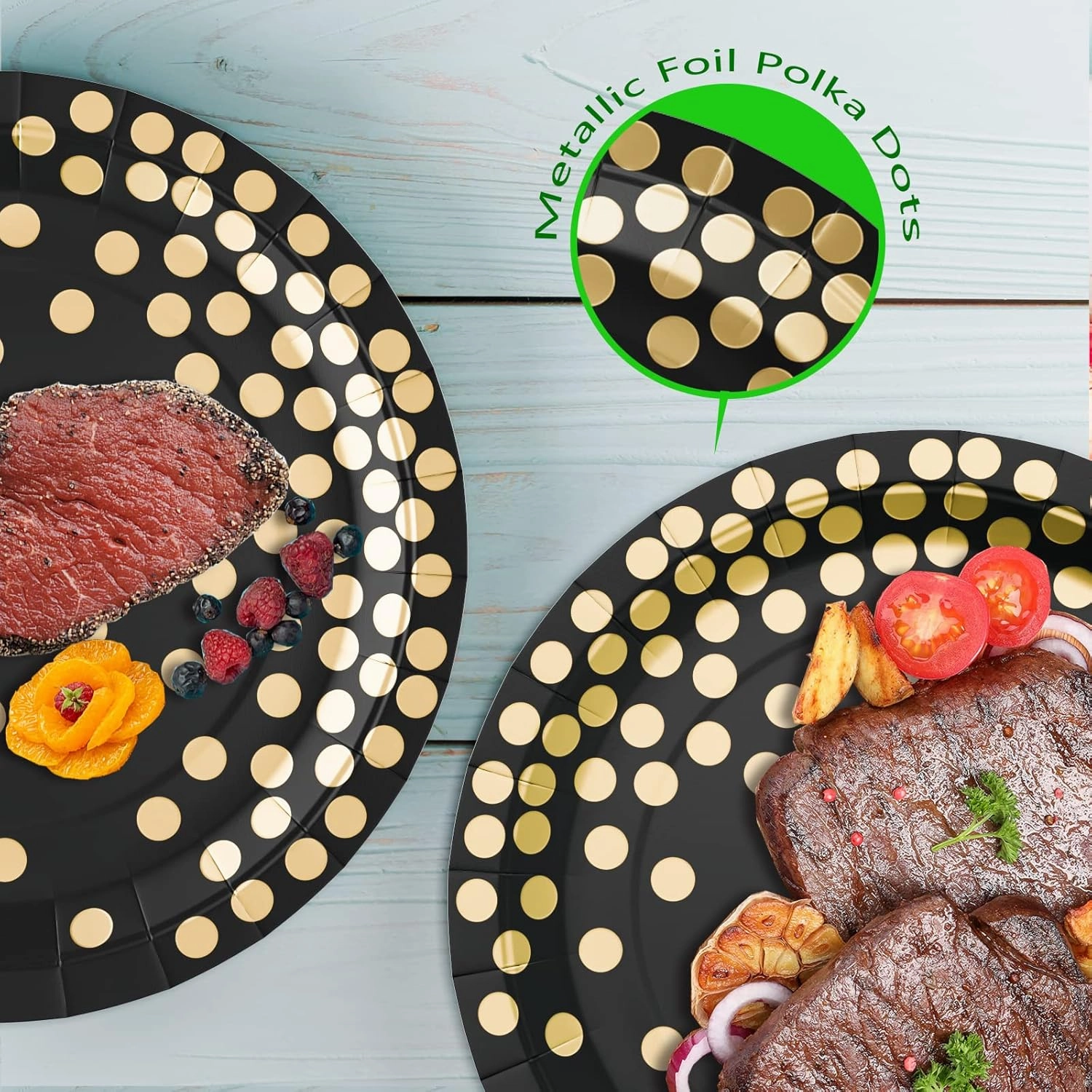 DYLIVeS Paper Plate, 80 Pack Black and Gold Polka Dots, 7 inch Disposable Plates, Round, Casual, All Seasons, for Parties and Celebrations