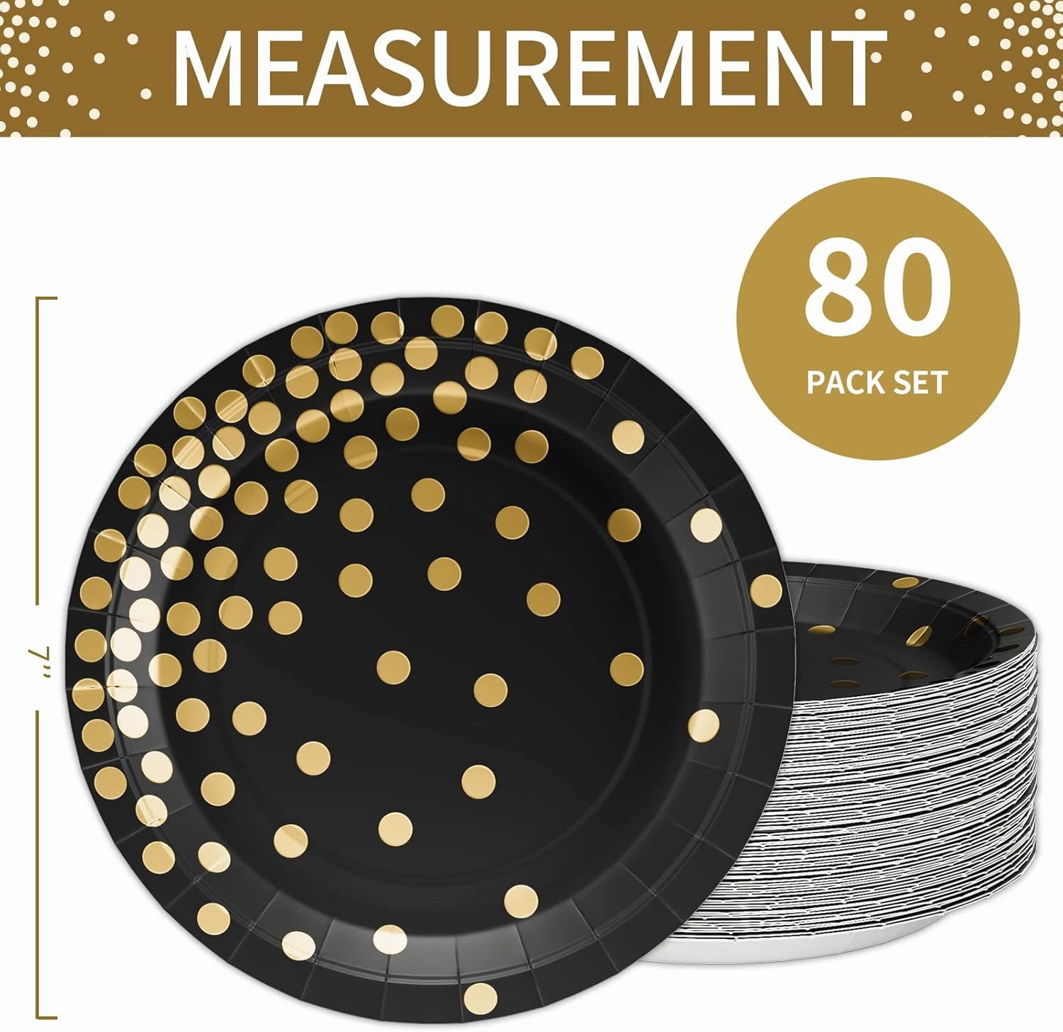 DYLIVeS Paper Plate, 80 Pack Black and Gold Polka Dots, 7 inch Disposable Plates, Round, Casual, All Seasons, for Parties and Celebrations