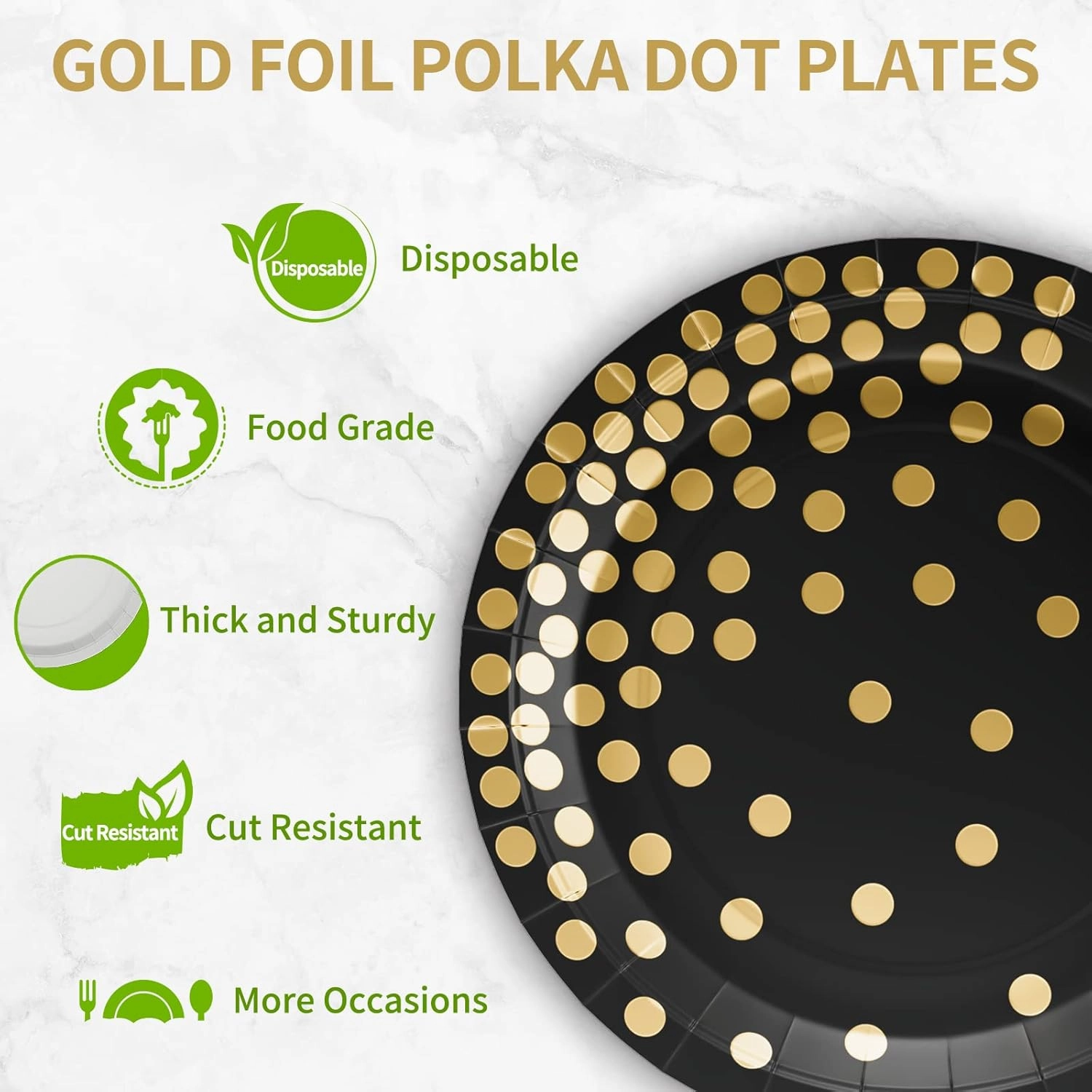 DYLIVeS Paper Plate, 80 Pack Black and Gold Polka Dots, 7 inch Disposable Plates, Round, Casual, All Seasons, for Parties and Celebrations