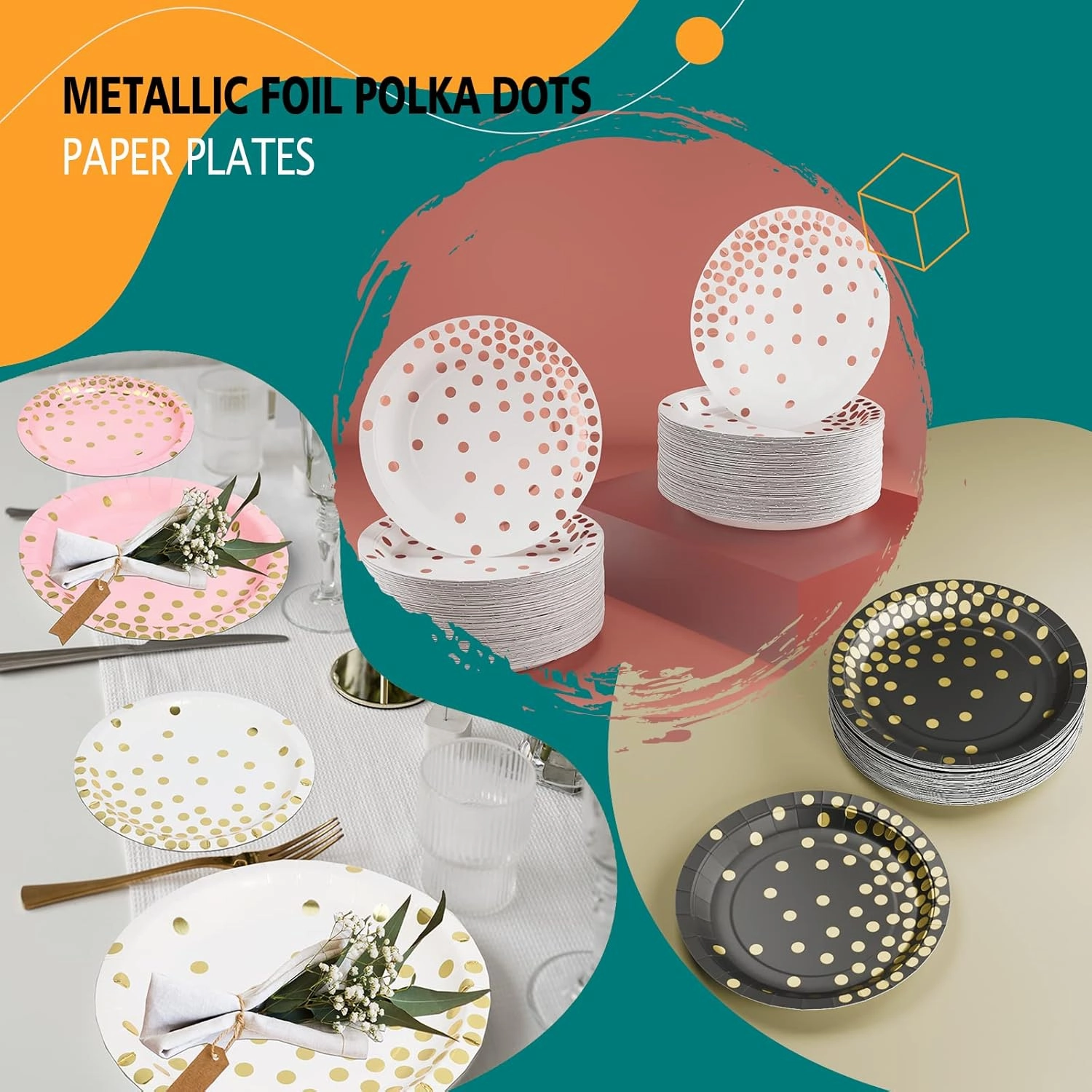 DYLIVeS Paper Plate, 80 Pack Black and Gold Polka Dots, 7 inch Disposable Plates, Round, Casual, All Seasons, for Parties and Celebrations