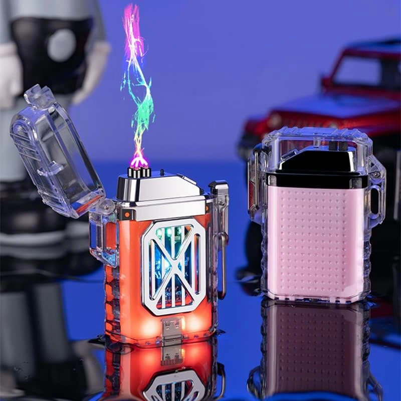 Electronic Plasma Lighter with Transparent case Waterproof Double Arc Lighter Type-C Rechargeable Electronic Lighter (Pink)