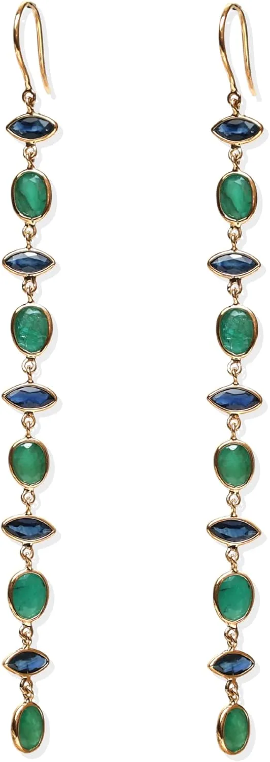 Emerald & Blue Sapphire Long Drop Earrings – 14k Gold Two-Stone Dangle Earrings for Women – Lightweight Statement Gemstone Jewelry by The Kairavi