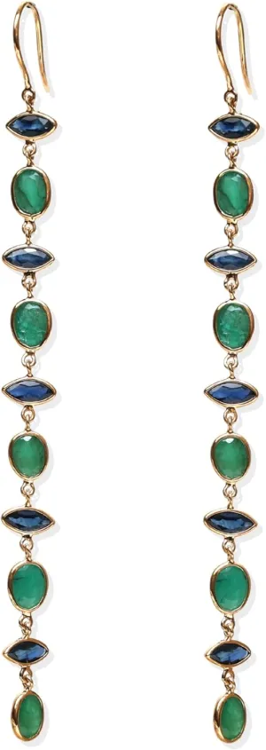 Emerald & Blue Sapphire Long Drop Earrings – 14k Gold Two-Stone Dangle Earrings for Women – Lightweight Statement Gemstone Jewelry by The Kairavi