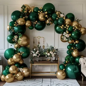 Emerald Green Gold Balloons Garland Double Stuffed Dark Green Gold Balloons Hunter Forest Metallic Arch Kit for Birthday Baby Shower Wedding Graduation Jungle Party Decorations