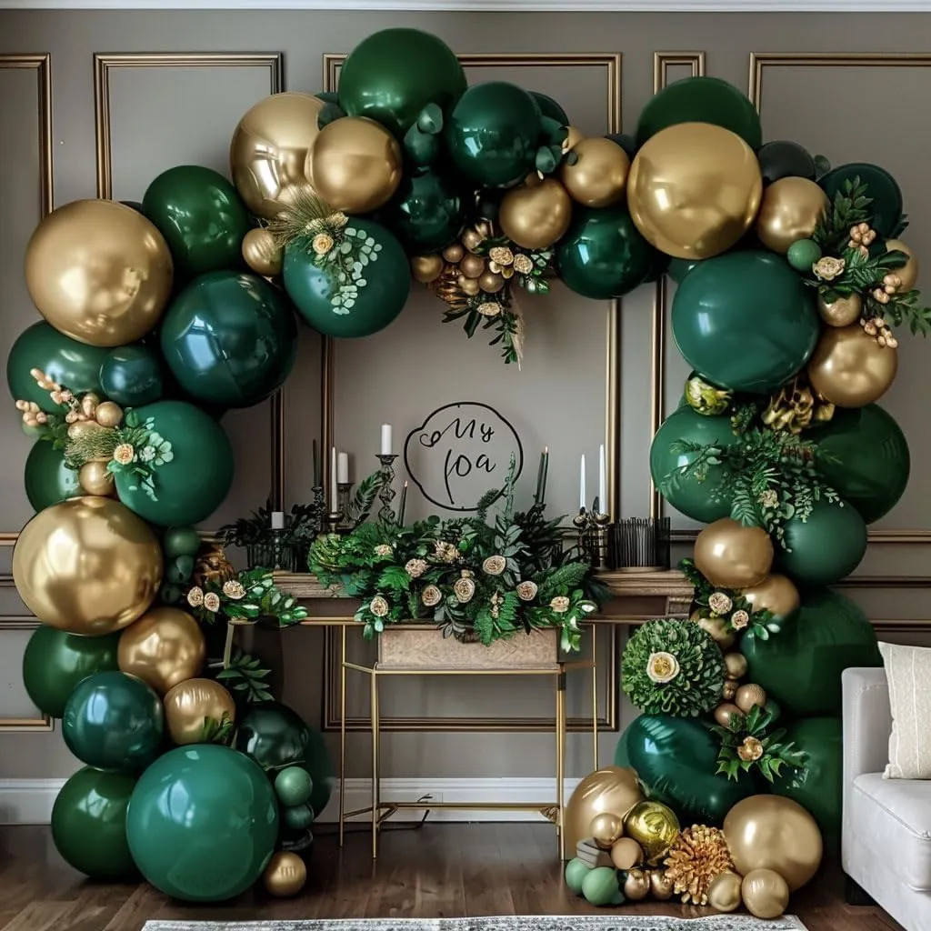 Emerald Green Gold Balloons Garland Double Stuffed Dark Green Gold Balloons Hunter Forest Metallic Arch Kit for Birthday Baby Shower Wedding Graduation Jungle Party Decorations