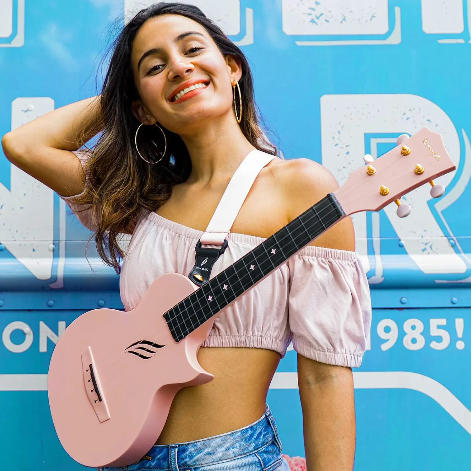 Enya Concert Ukulele Nova U 23’’ Carbon Fiber Travel Ukulele with Beginner Kit includes online lessons, case, strap, capo and strings (Pink)