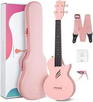 Enya Concert Ukulele Nova U 23’’ Carbon Fiber Travel Ukulele with Beginner Kit includes online lessons, case, strap, capo and strings (Pink)