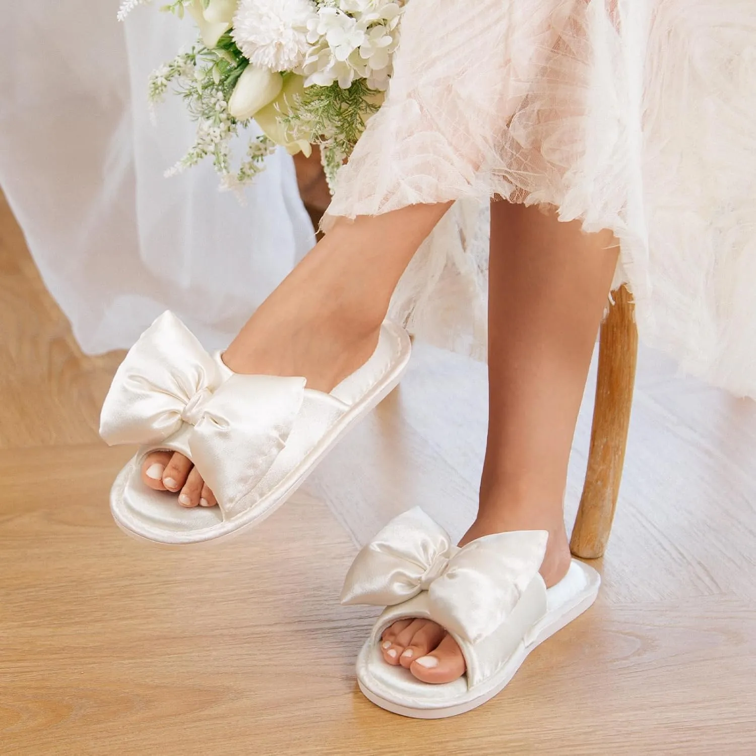 EverFoams Women's Satin Open-Toe Bow Slippers Memory Foam Indoor Bedroom House Shoes