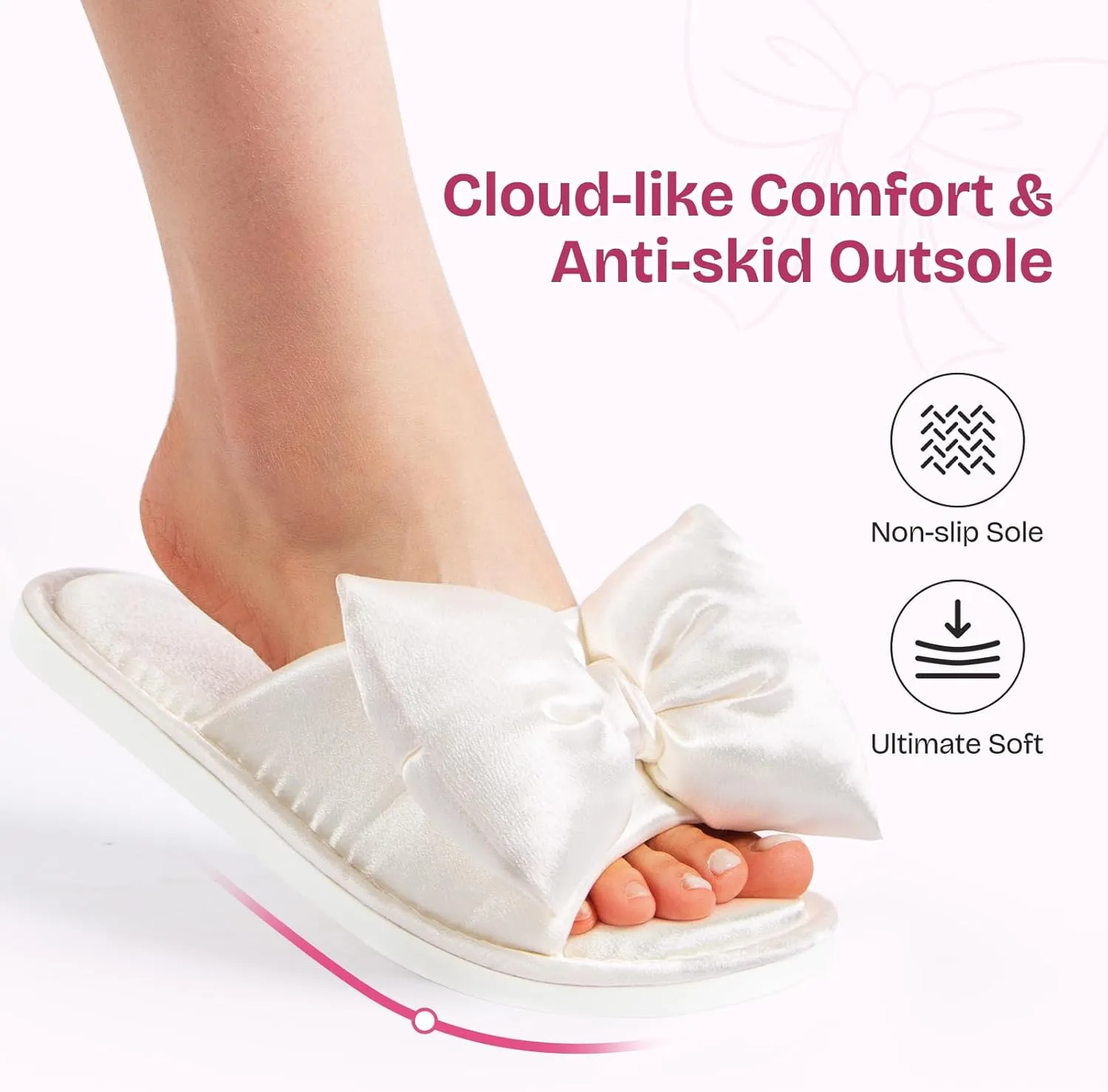 EverFoams Women's Satin Open-Toe Bow Slippers Memory Foam Indoor Bedroom House Shoes