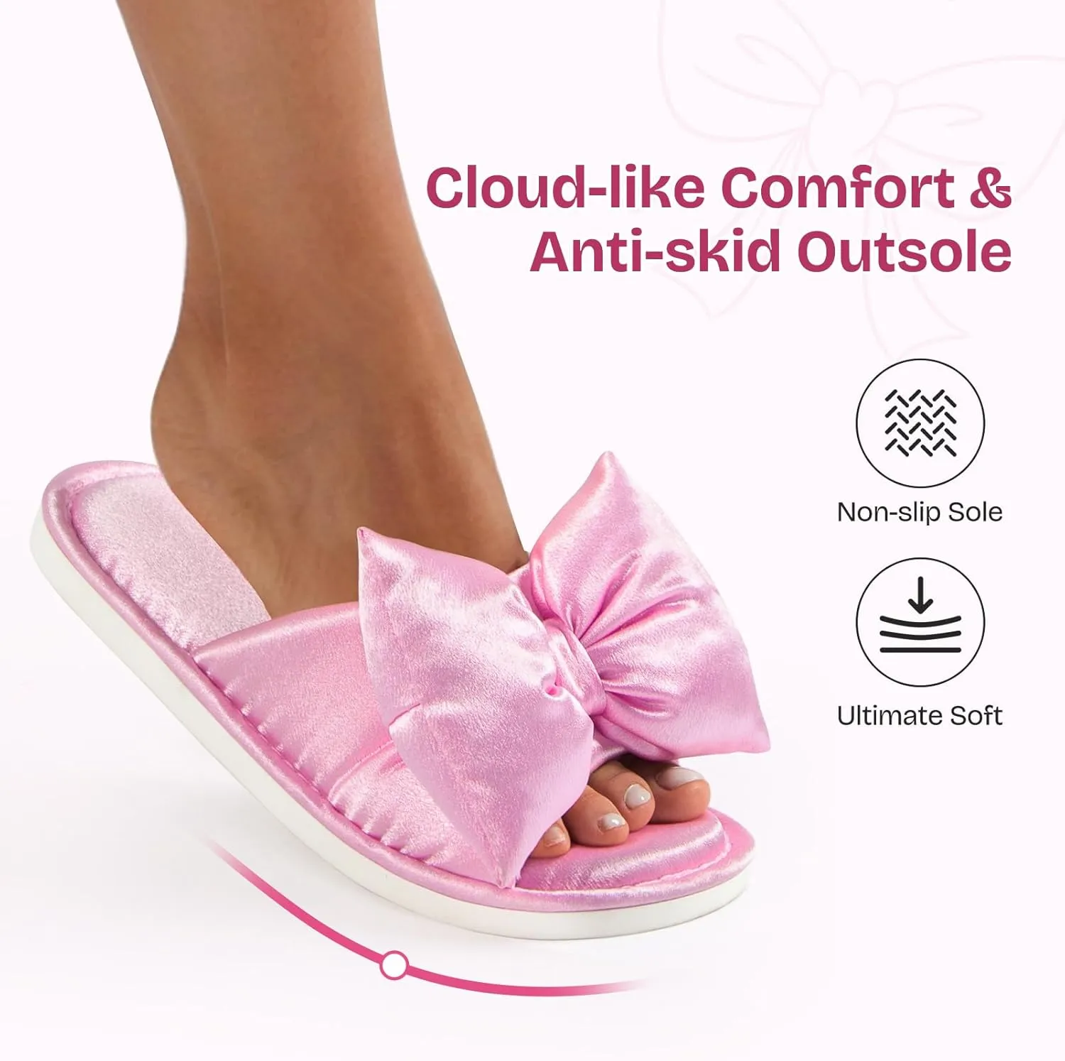 EverFoams Women's Satin Open-Toe Bow Slippers Memory Foam Indoor Bedroom House Shoes