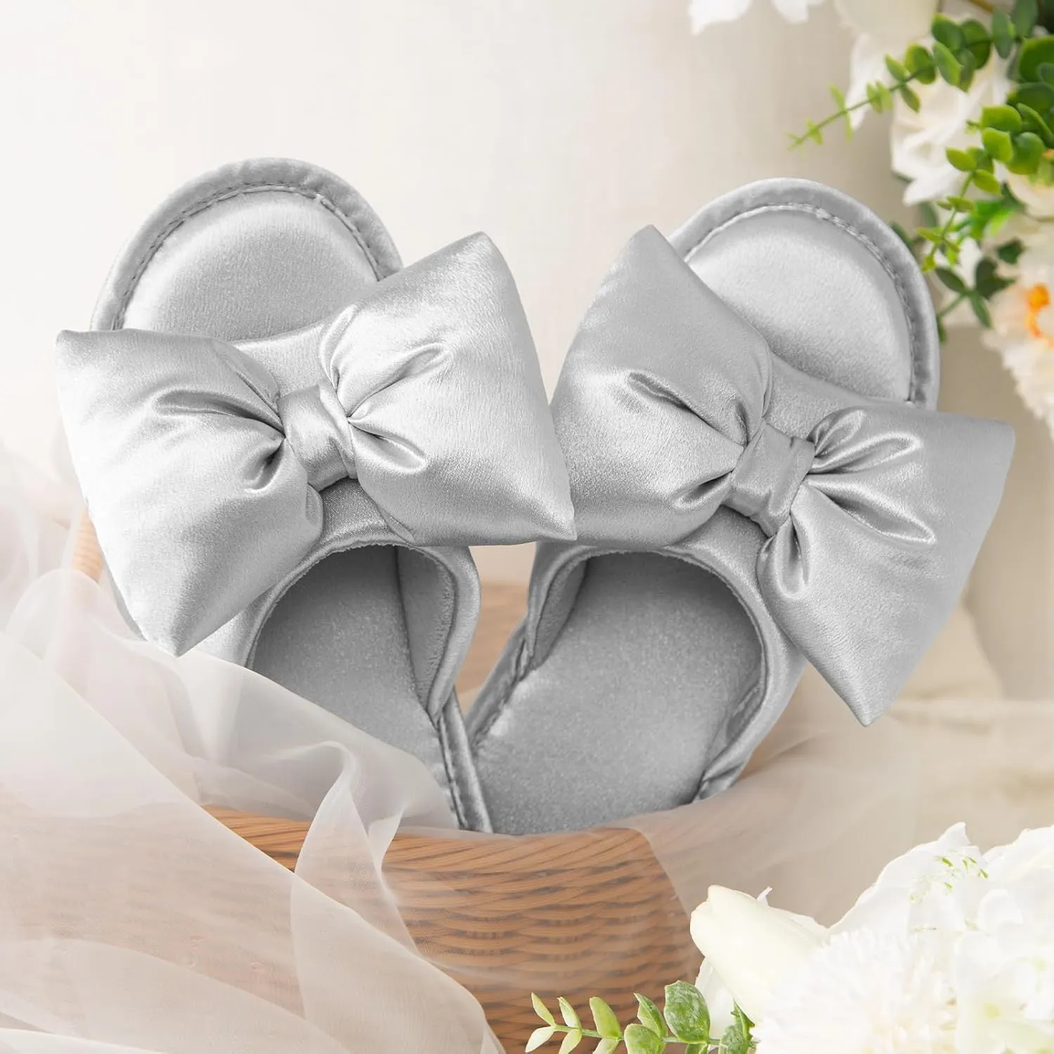 EverFoams Women's Satin Open-Toe Bow Slippers Memory Foam Indoor Bedroom House Shoes