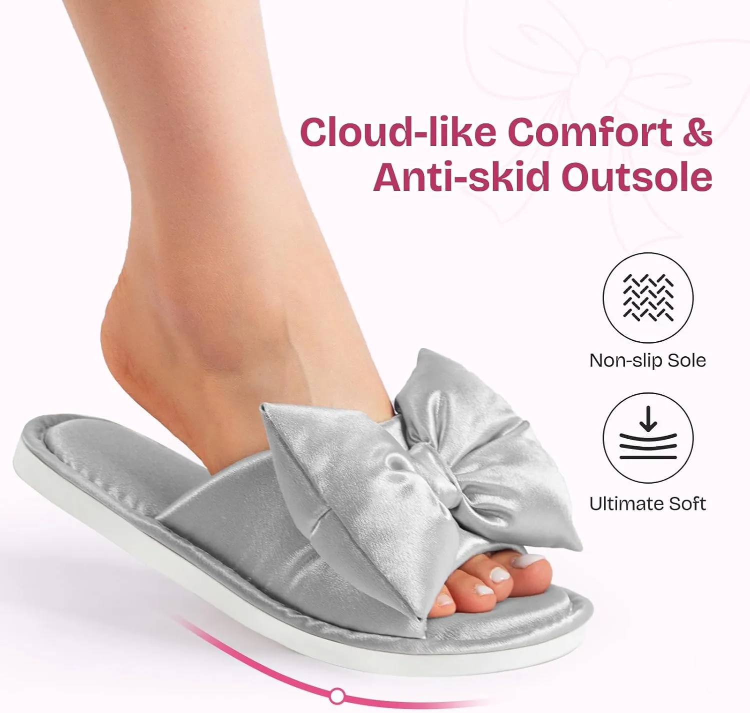 EverFoams Women's Satin Open-Toe Bow Slippers Memory Foam Indoor Bedroom House Shoes
