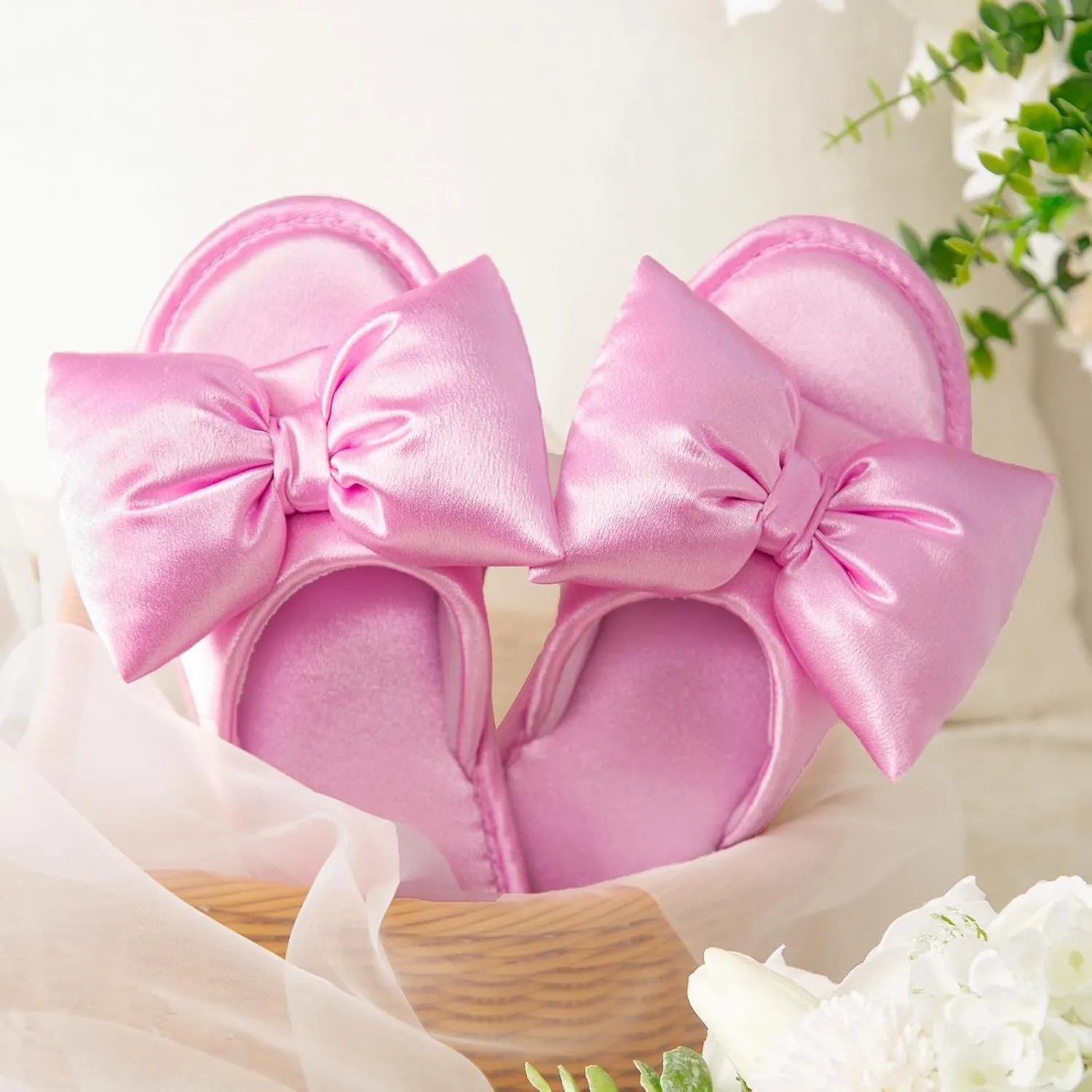 EverFoams Women's Satin Open-Toe Bow Slippers Memory Foam Indoor Bedroom House Shoes