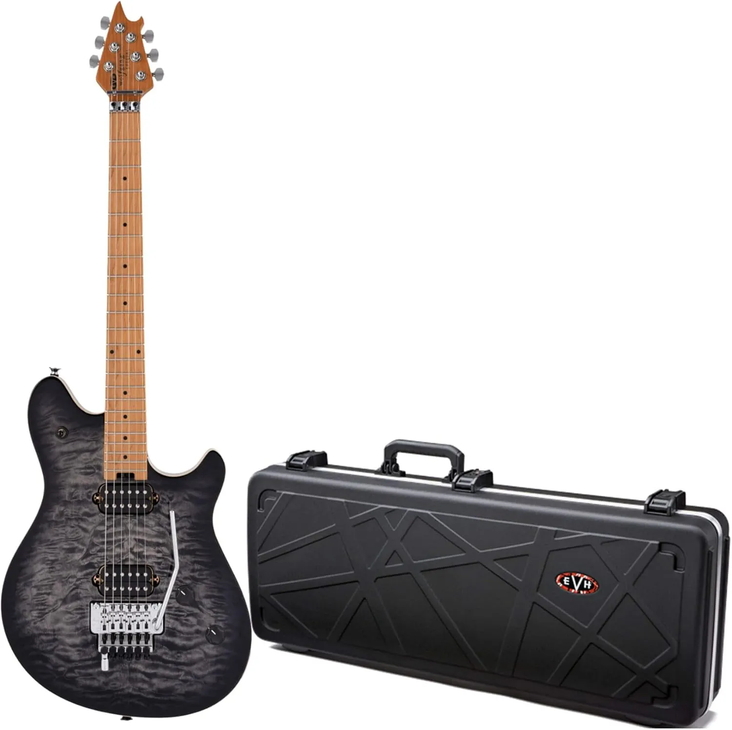 EVH Wolfgang Special QM Electric Guitar with Exquisite Quilted Maple Top - 6-String Electric Guitar with Smooth Maple Fingerboard (Charcoal Burst) Bundle with Hard Case (2 Items)