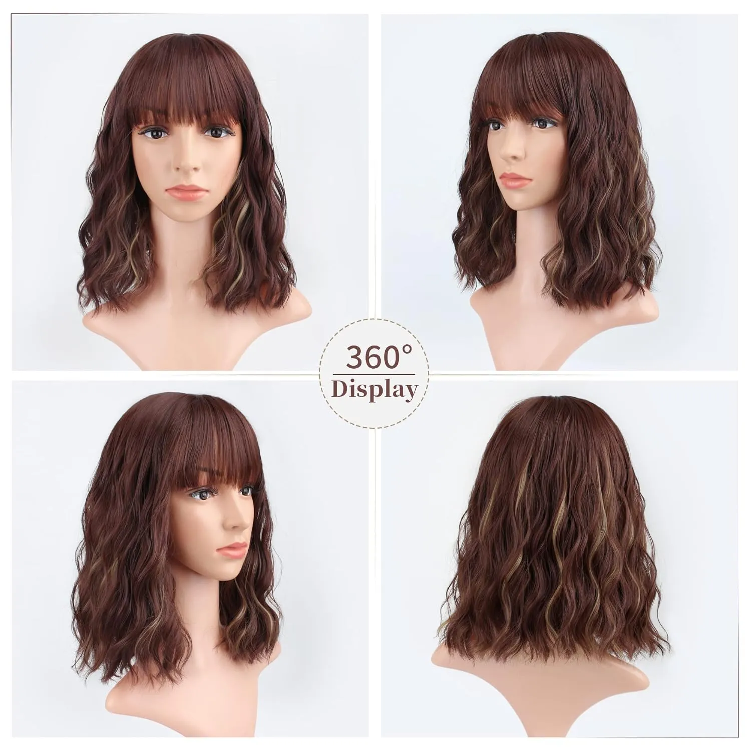 FAELBATY Short Brown Wig Highlight Gold Wigs With Bangs Women's Reddish Brown Mixed Blonde Bob Wig Curly Wavy Synthetic Cosplay Wig Shoulder Length Wig for Girl's Costume Wigs (12" 33/27)