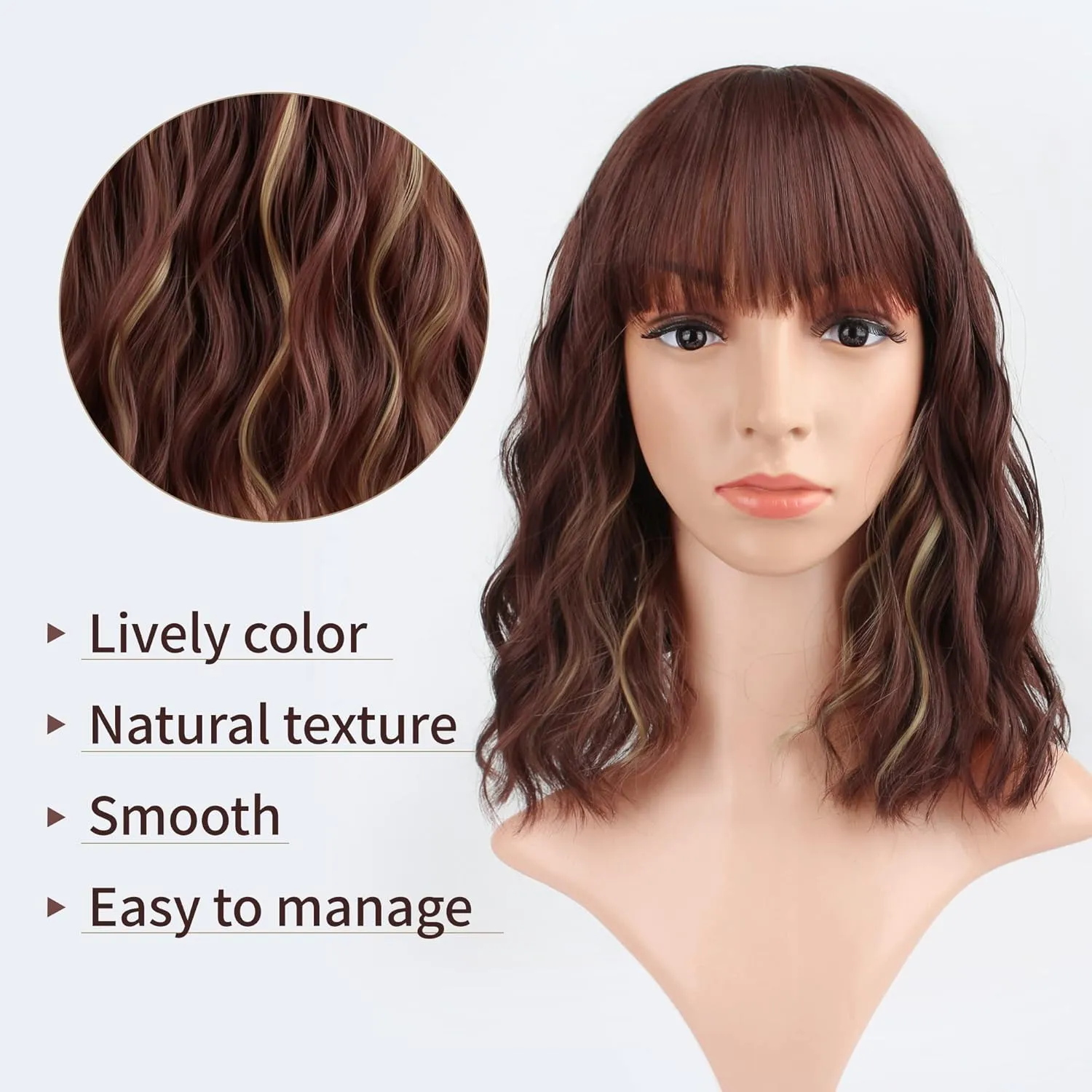 FAELBATY Short Brown Wig Highlight Gold Wigs With Bangs Women's Reddish Brown Mixed Blonde Bob Wig Curly Wavy Synthetic Cosplay Wig Shoulder Length Wig for Girl's Costume Wigs (12" 33/27)