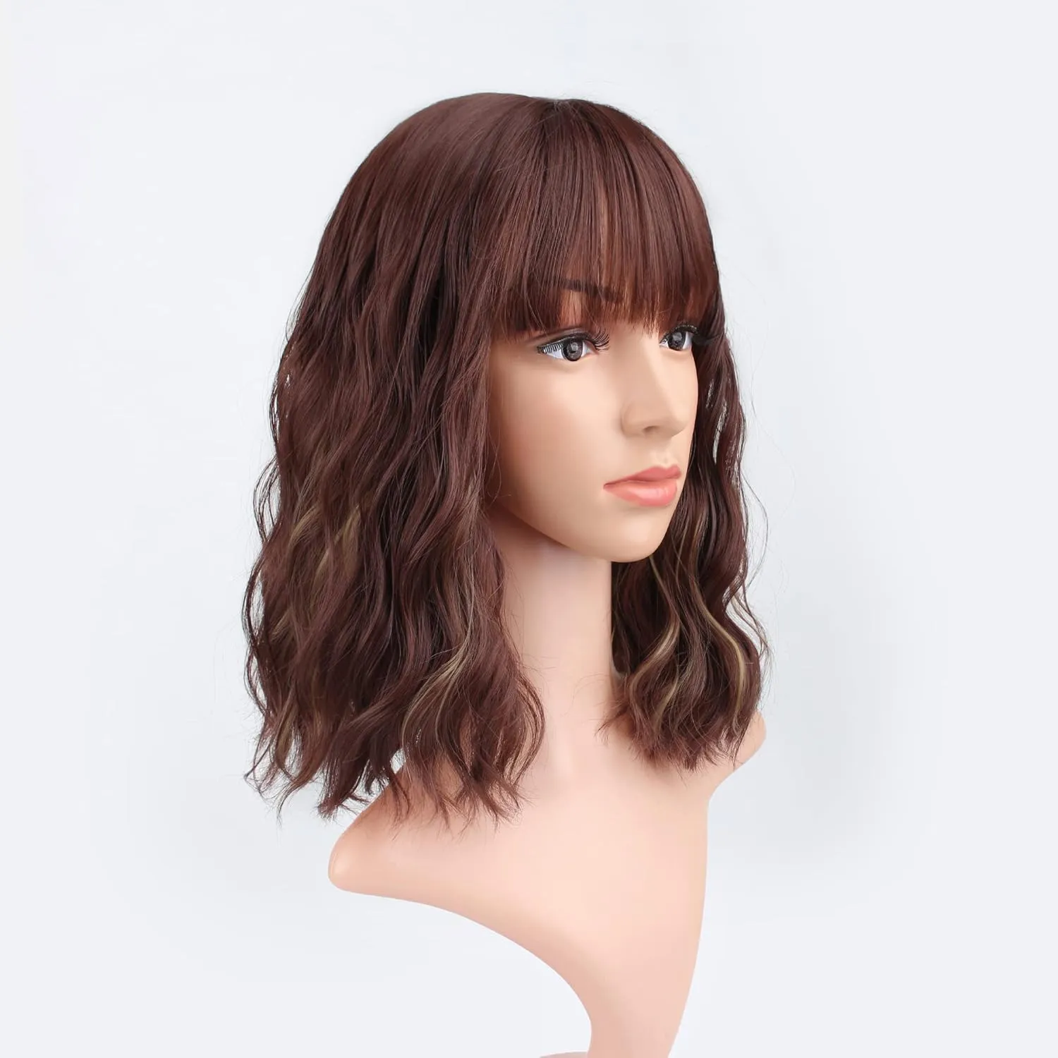FAELBATY Short Brown Wig Highlight Gold Wigs With Bangs Women's Reddish Brown Mixed Blonde Bob Wig Curly Wavy Synthetic Cosplay Wig Shoulder Length Wig for Girl's Costume Wigs (12" 33/27)