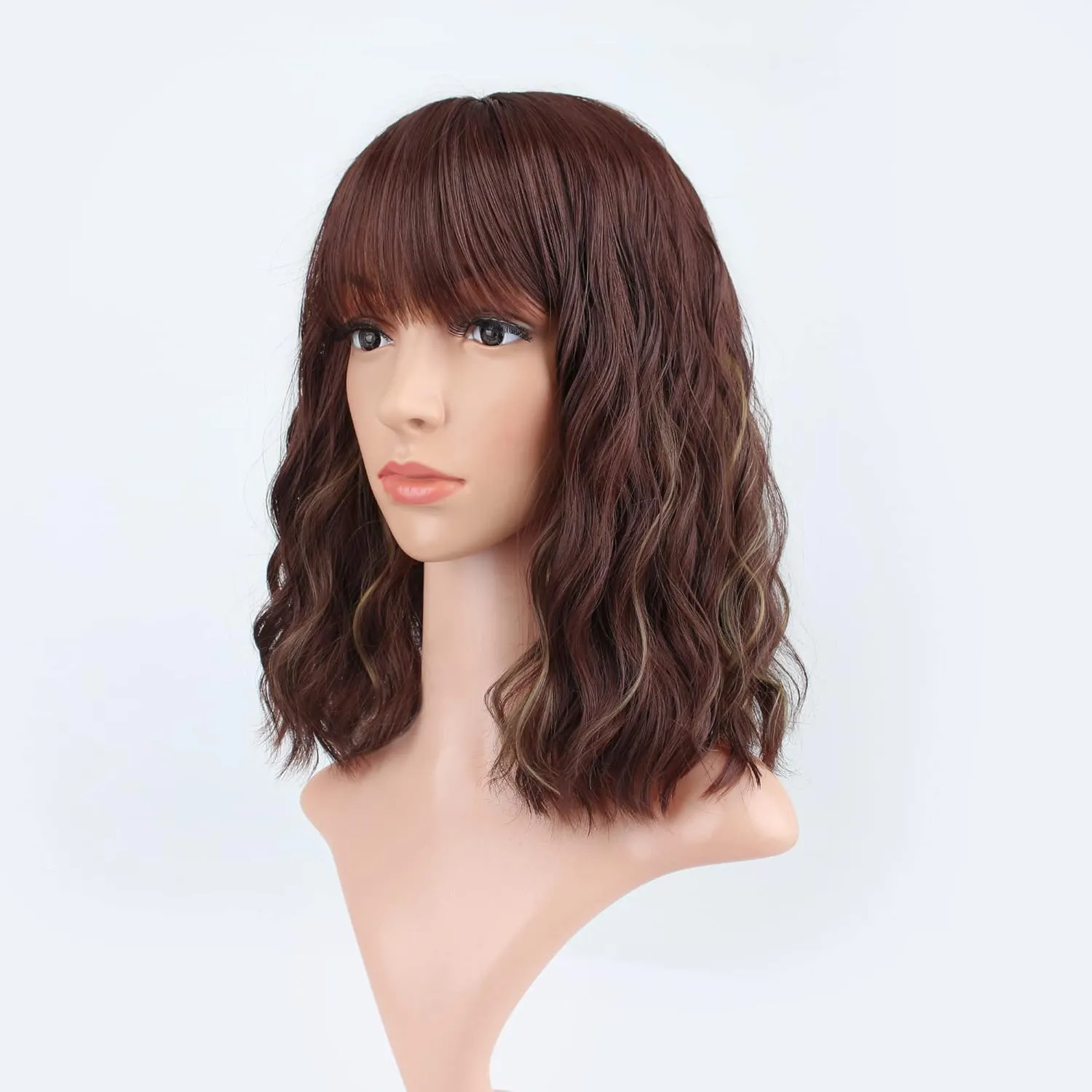 FAELBATY Short Brown Wig Highlight Gold Wigs With Bangs Women's Reddish Brown Mixed Blonde Bob Wig Curly Wavy Synthetic Cosplay Wig Shoulder Length Wig for Girl's Costume Wigs (12" 33/27)