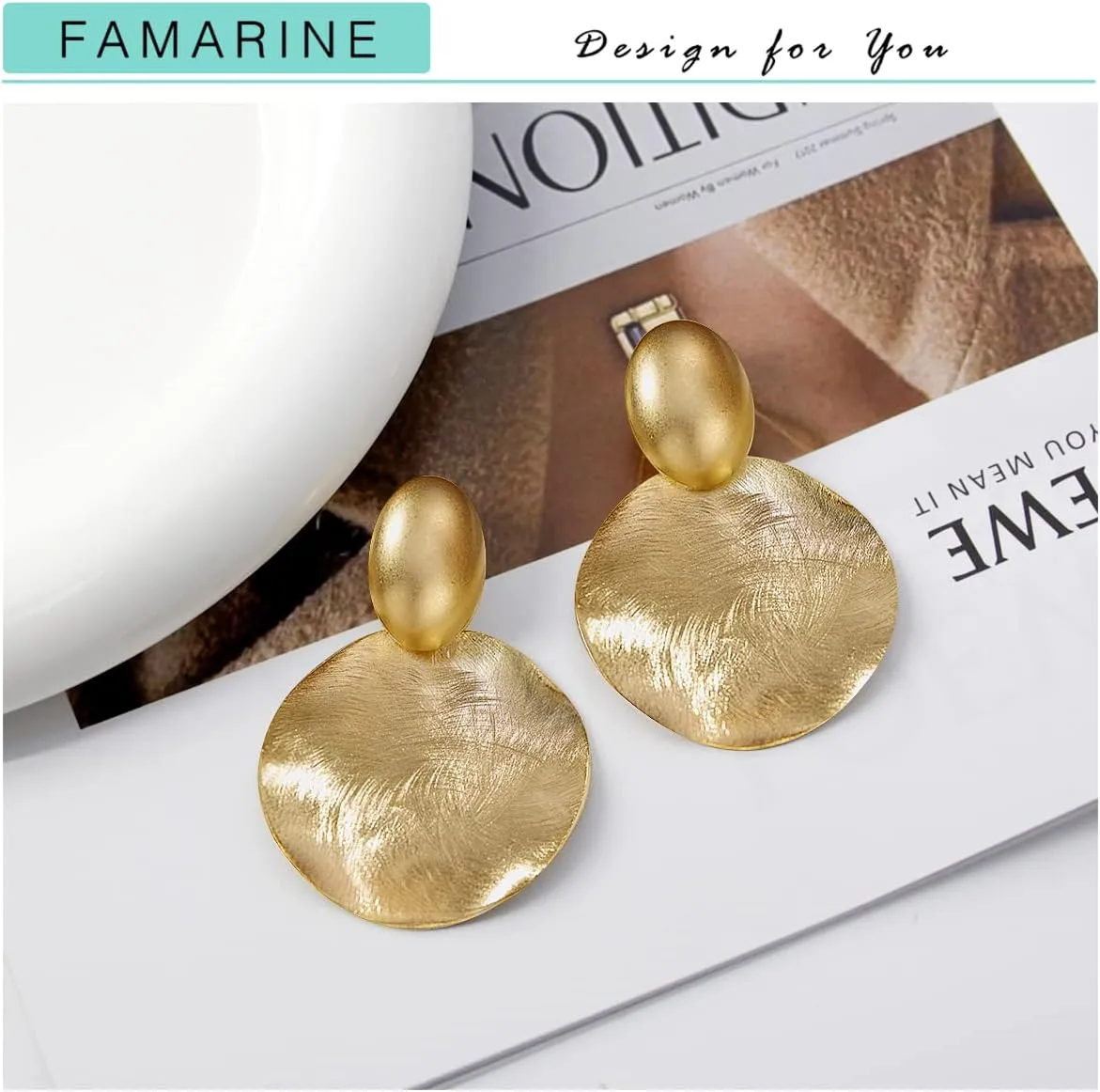 FAMARINE Big Disc Drop Earrings Gold Dangle Earrings Round Hammered Earrings Women