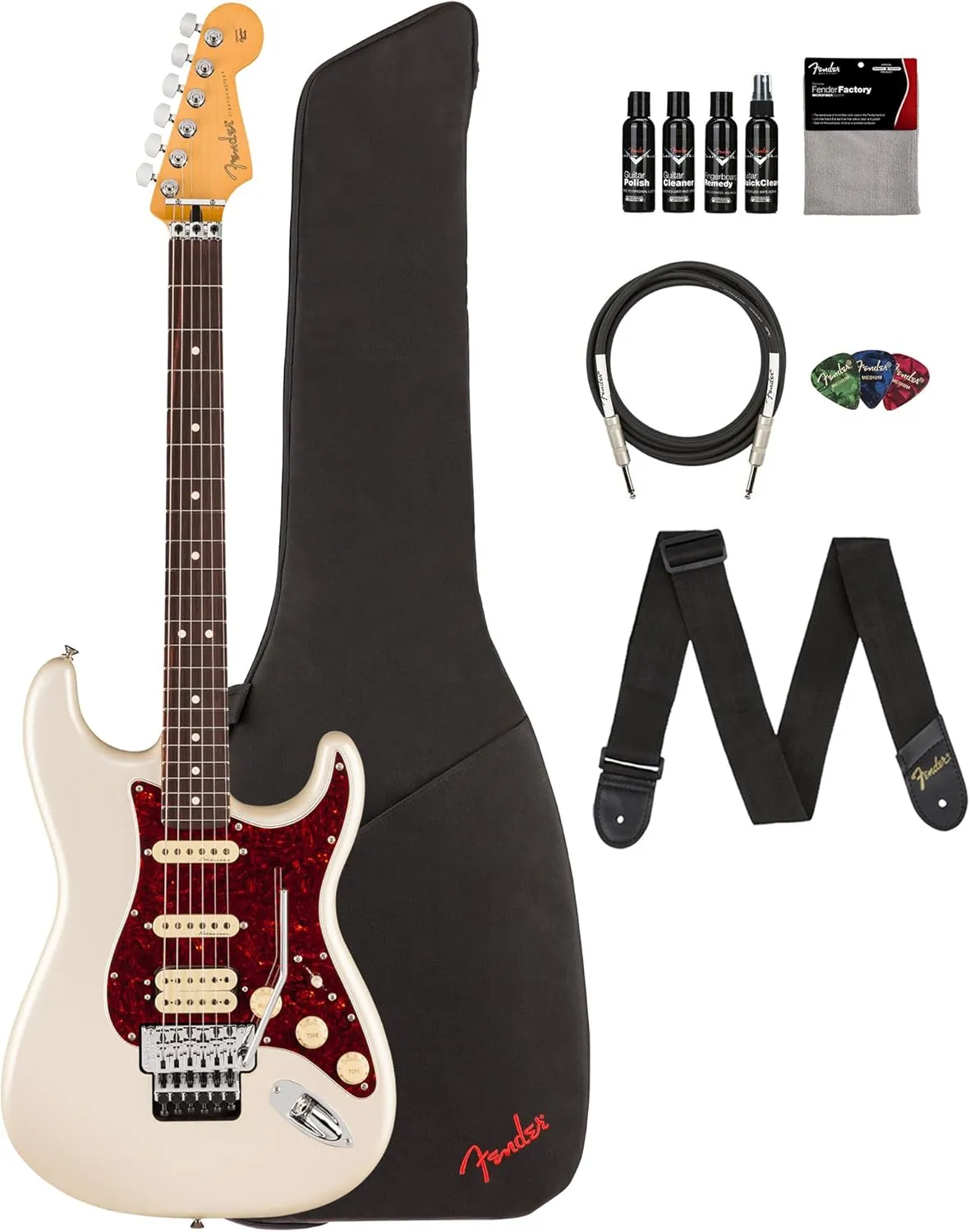 Fender Player II Modified Stratocaster HSS Floyd Rose - Olympic Pearl Bundle with Gig Bag, Strap, Cable, 3-Pack Picks, and Guitar Cleaning Kit