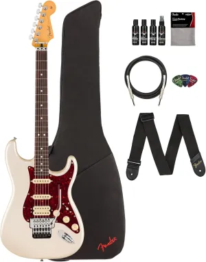 Fender Player II Modified Stratocaster HSS Floyd Rose - Olympic Pearl Bundle with Gig Bag, Strap, Cable, 3-Pack Picks, and Guitar Cleaning Kit