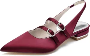 Flats Shoes Women Slingback Womens Flats Casual Breathable Satin Flats for Women Pointed Toe Closed Toe Flats,Burgundy,9.5 US