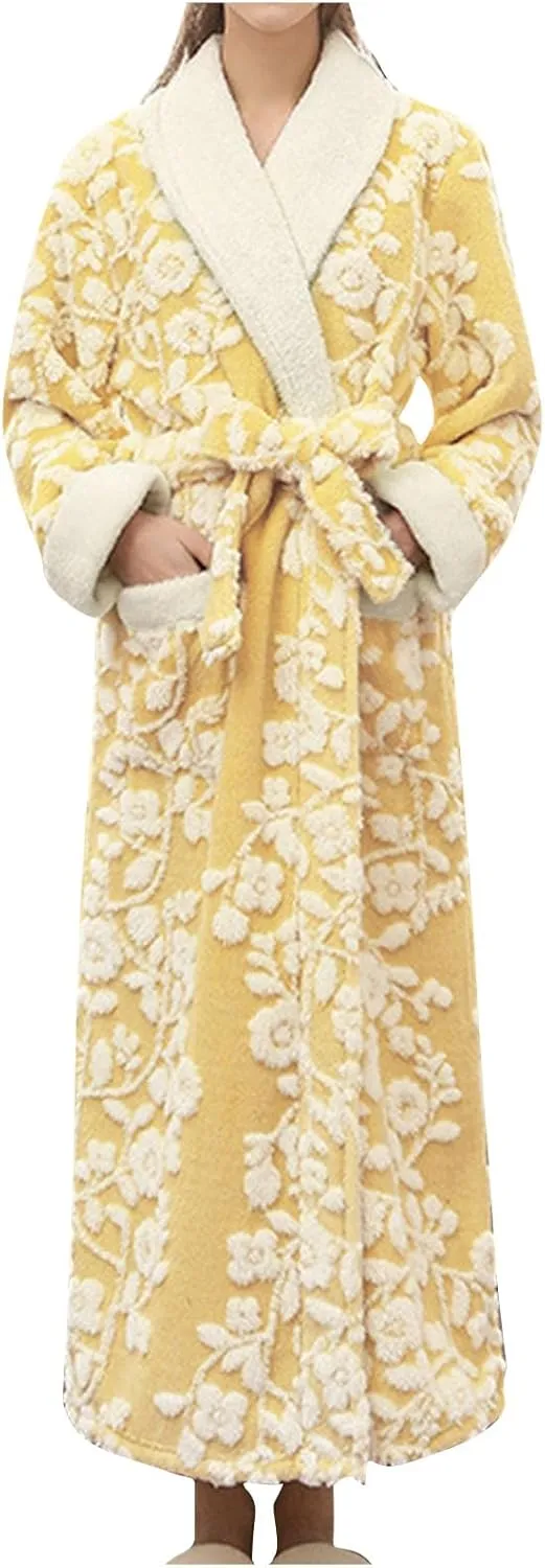 Floral Jacquard Plush Robe for Women Luxury Fuzzy Fleece Long Bathrobe Winter Warm Soft Belted Housecoat with Pocket
