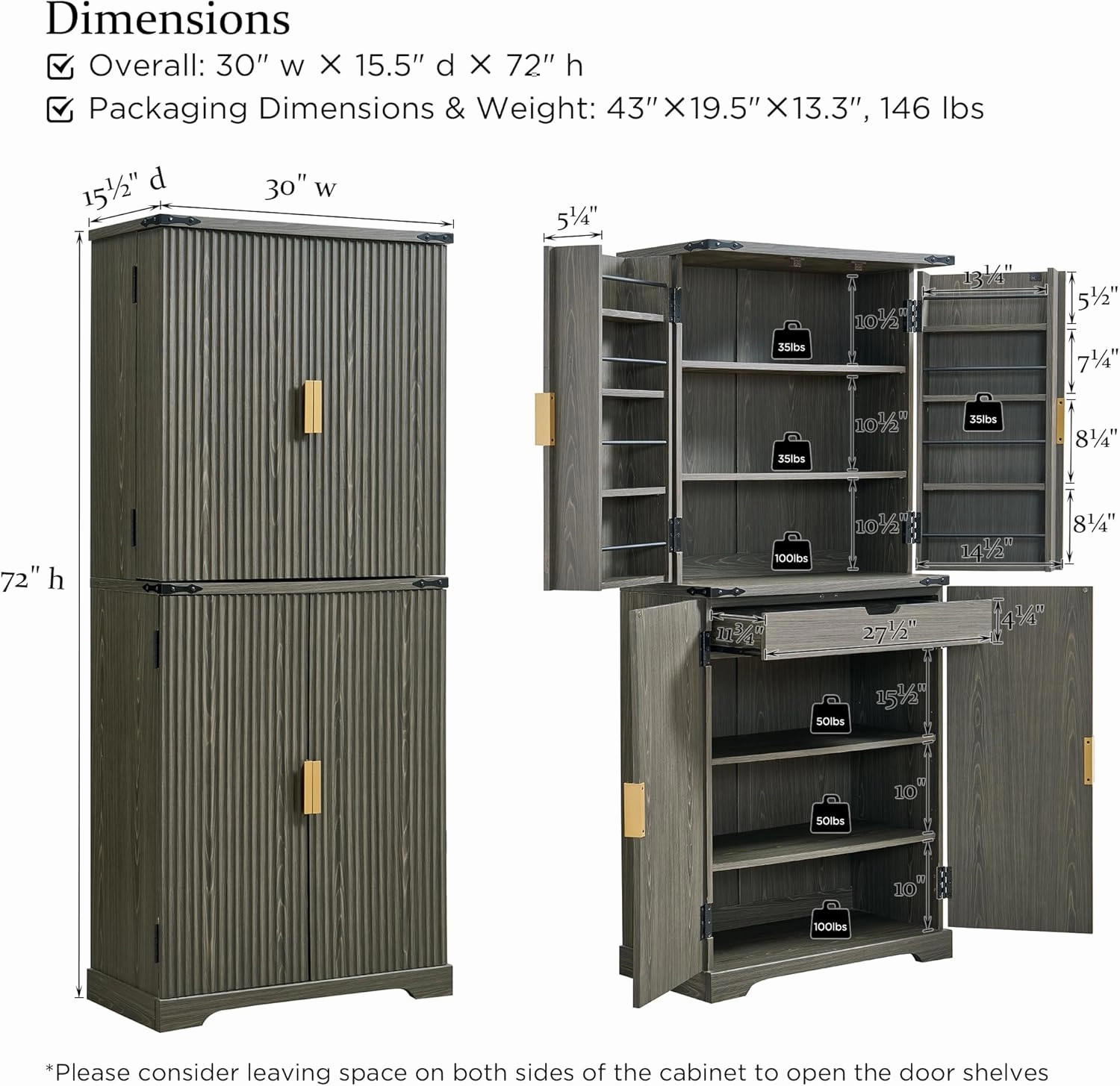 Fluted Pantry Cabinet, 72" Tall Modern Storage Cabinet with 4 Doors, Organizer, Drawer and Adjustable Shelves, Wood Cupboard for Kitchen, Dining Room, Living Room and Bathroom, Army Green