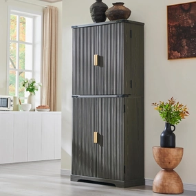 Fluted Pantry Cabinet, 72" Tall Modern Storage Cabinet with 4 Doors, Organizer, Drawer and Adjustable Shelves, Wood Cupboard for Kitchen, Dining Room, Living Room and Bathroom, Army Green