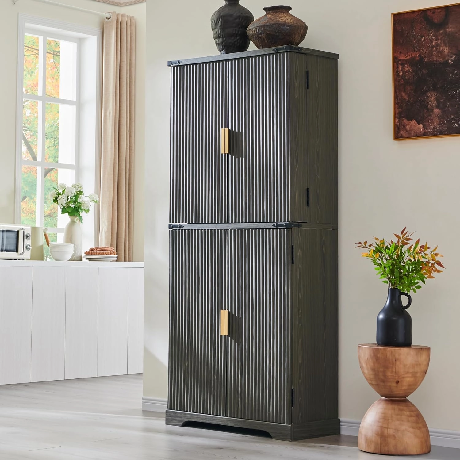 Fluted Pantry Cabinet, 72" Tall Modern Storage Cabinet with 4 Doors, Organizer, Drawer and Adjustable Shelves, Wood Cupboard for Kitchen, Dining Room, Living Room and Bathroom, Army Green