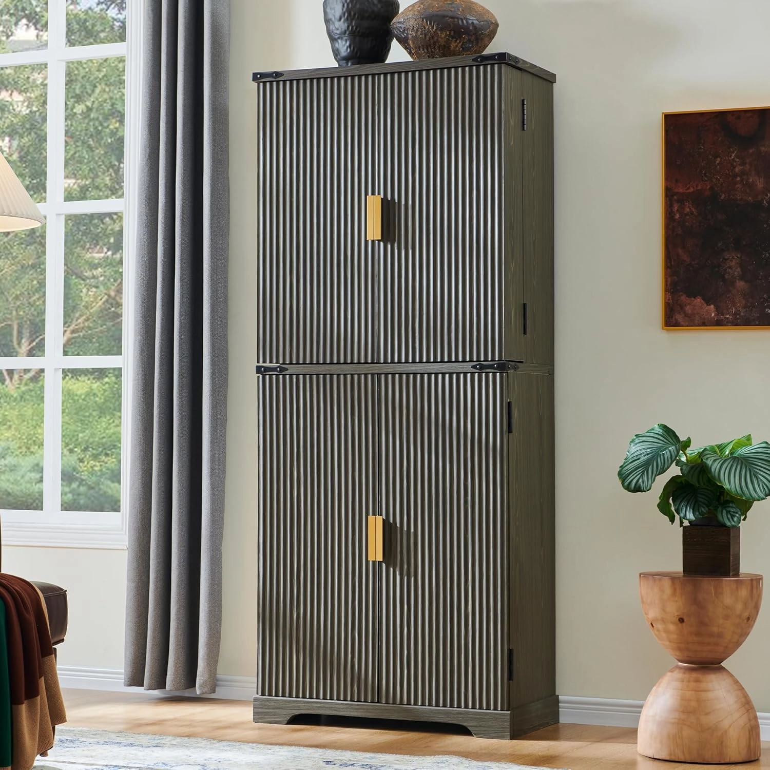 Fluted Pantry Cabinet, 72" Tall Modern Storage Cabinet with 4 Doors, Organizer, Drawer and Adjustable Shelves, Wood Cupboard for Kitchen, Dining Room, Living Room and Bathroom, Army Green