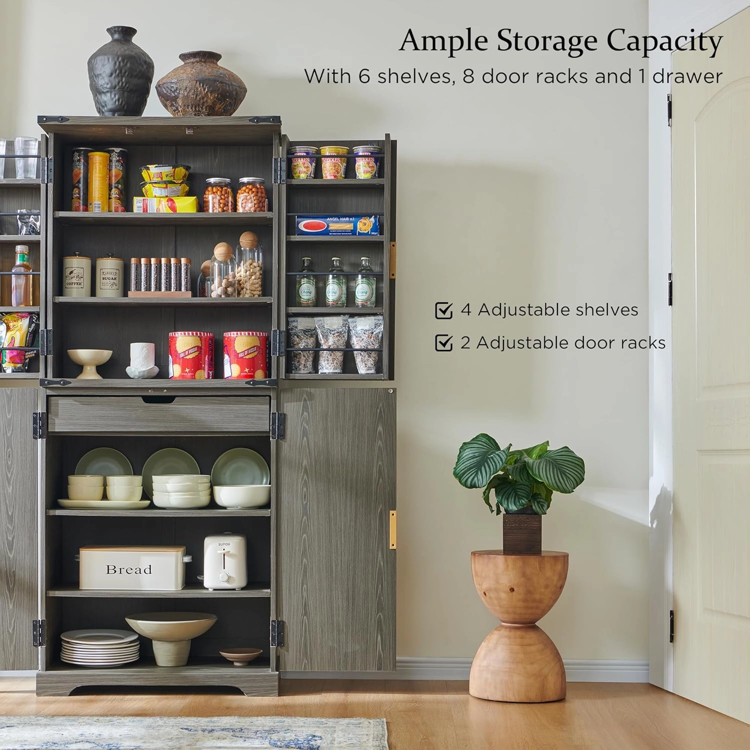 Fluted Pantry Cabinet, 72" Tall Modern Storage Cabinet with 4 Doors, Organizer, Drawer and Adjustable Shelves, Wood Cupboard for Kitchen, Dining Room, Living Room and Bathroom, Army Green