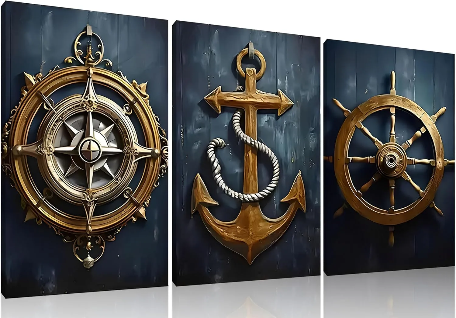 Framed Nautical Coastal canvas Wall Art set of 3 Ship Wheel, Anchor, Compass picture Wall decor Sea Themed Modern Navy blue Poster Painting Prints for Living Room Office decoration