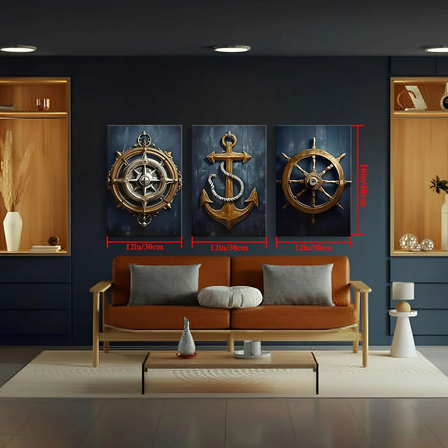 Framed Nautical Coastal canvas Wall Art set of 3 Ship Wheel, Anchor, Compass picture Wall decor Sea Themed Modern Navy blue Poster Painting Prints for Living Room Office decoration