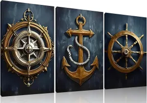Framed Nautical Coastal canvas Wall Art set of 3 Ship Wheel, Anchor, Compass picture Wall decor Sea Themed Modern Navy blue Poster Painting Prints for Living Room Office decoration