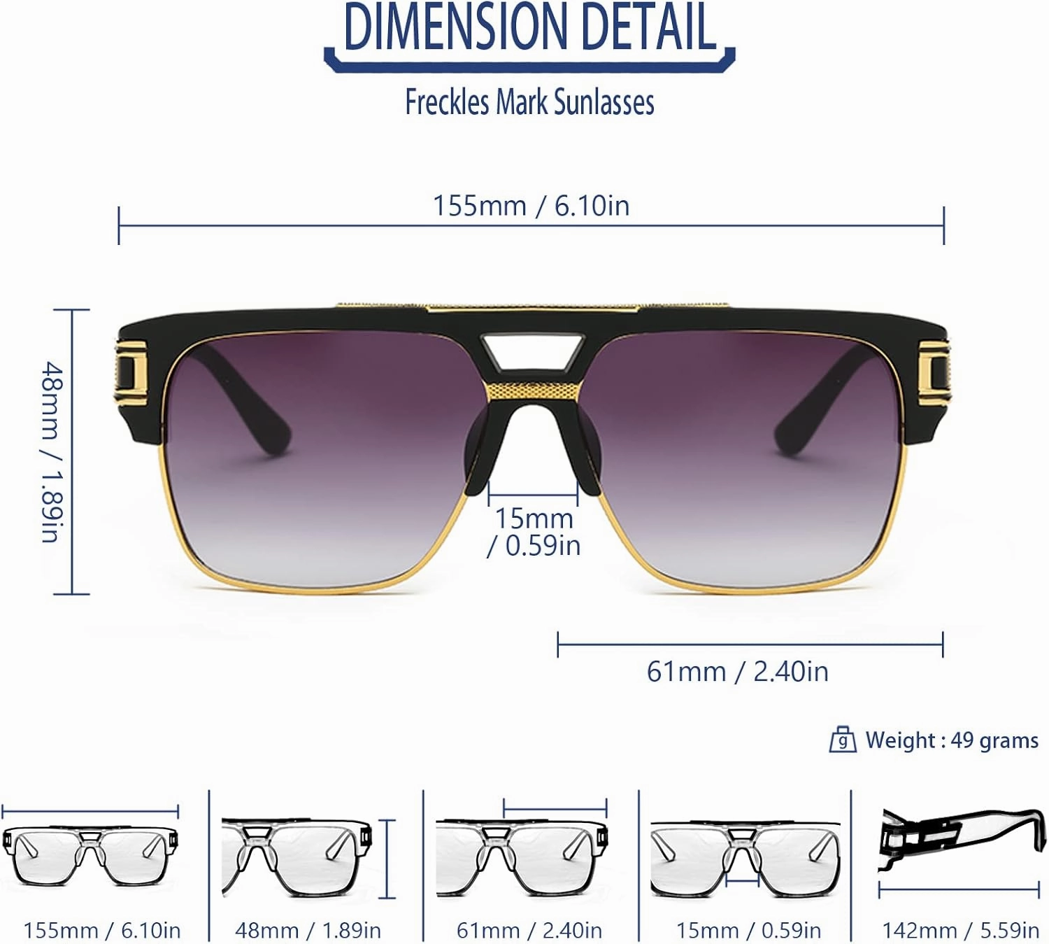 Freckles Mark 70s Retro Sunglasses Mens Womens Trendy Square Gold Metal Sun Glasses Vintage Gangster Style