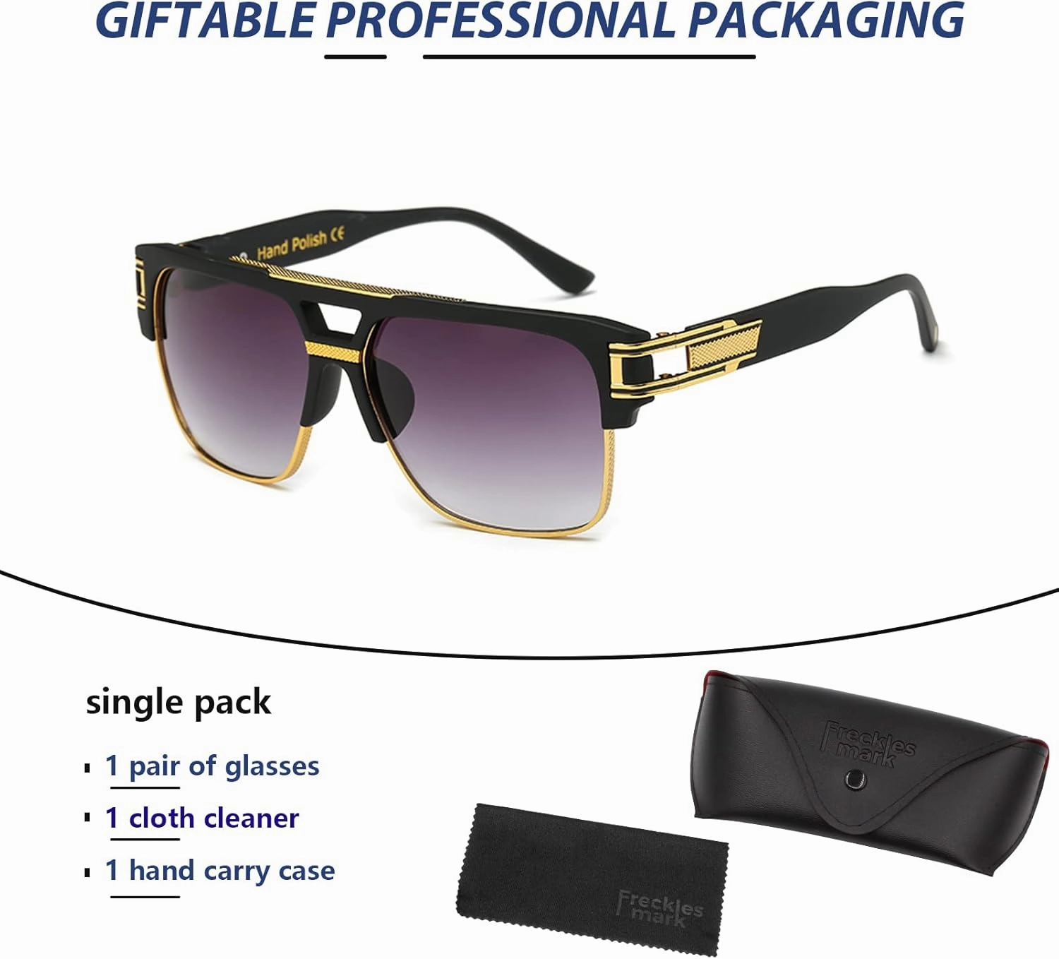Freckles Mark 70s Retro Sunglasses Mens Womens Trendy Square Gold Metal Sun Glasses Vintage Gangster Style