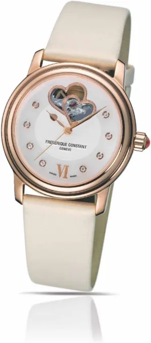 Frederique Constant Double Heart Beat Automatic Rose Gold Plated Steel Mother-of-Pearl Dial Ivory Satin Strap Diamonds Womens Watch FC-310DHB2P4